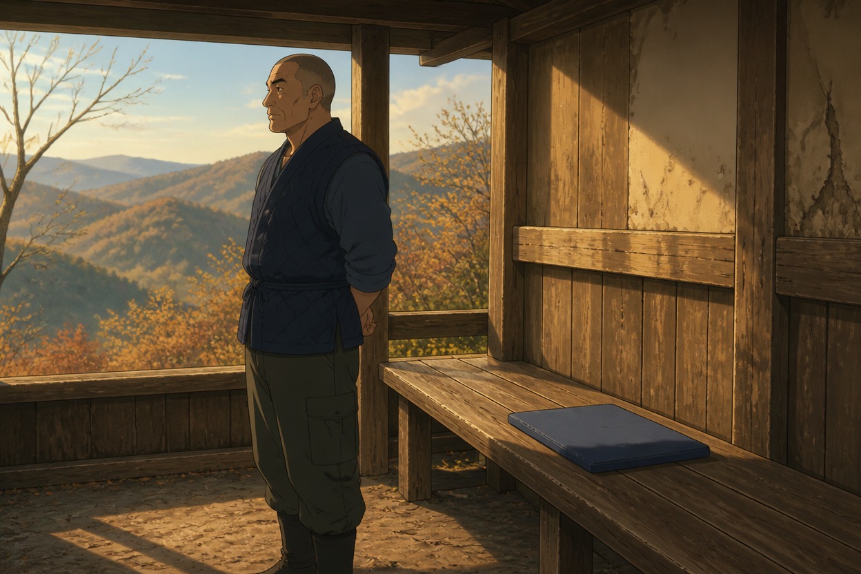 Anime caretaker beside a cushion in an autumn hillside shelter
