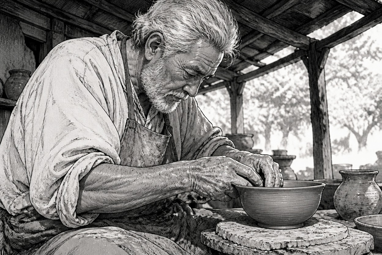 Imagem em estilo mangá hachurada de um oleiro de cabelos prateados moldando uma tigela