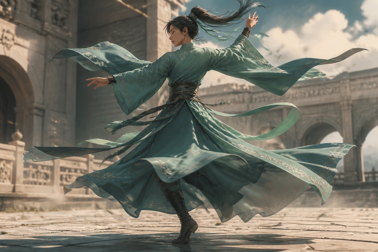 Original adult dancer in a layered teal outfit turning on a windswept plaza