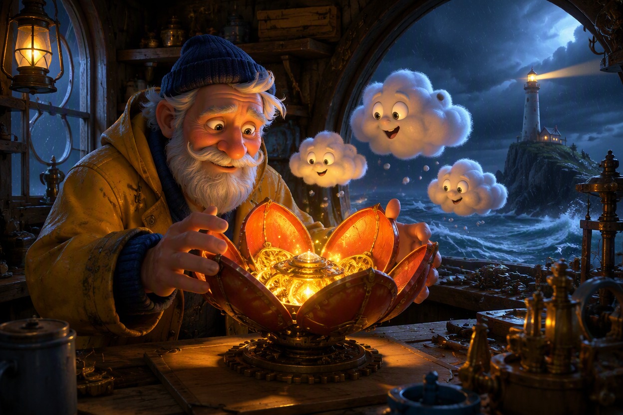Original cartoon lighthouse keeper opening a glowing mechanical flower as tiny cloud creatures circle above a stormy island workshop, clear narrative reveal