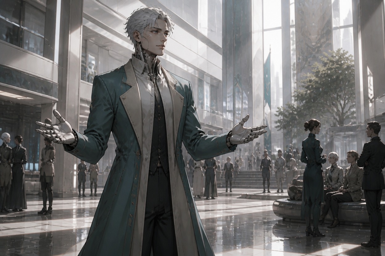 Original mediator android OC in a tailored teal coat