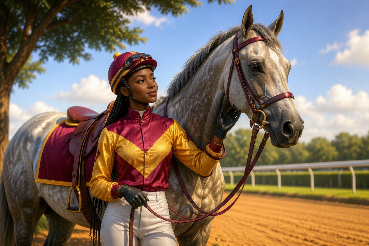 One original female jockey with dark skin and long braids tucked beneath a burgundy helmet, tailored burgundy and gold racing silks with abstract color blocking and no emblems, bes