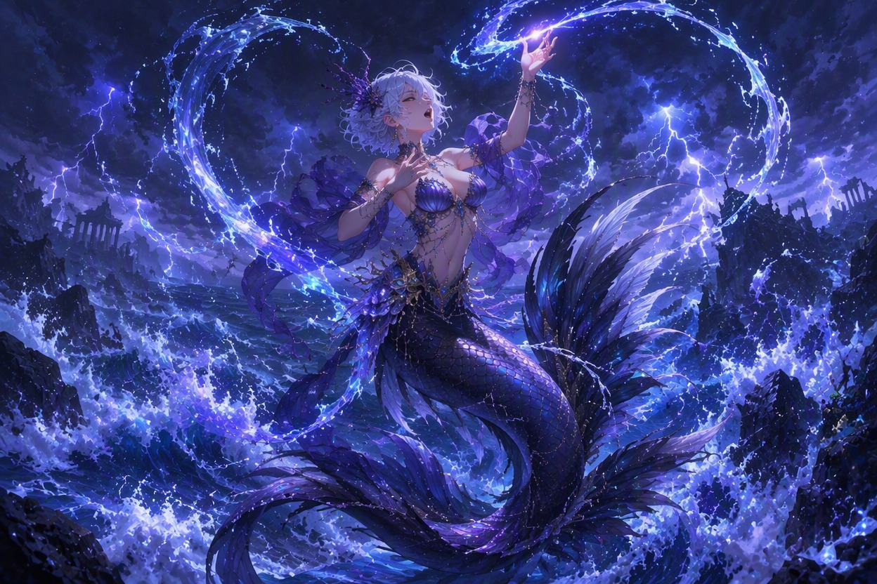 Original siren performer above a stormy sea with dark featherlike fins and wave gestures