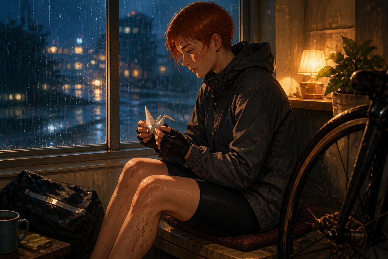 Original adult courier folding a blank paper bird beside a rainy apartment window