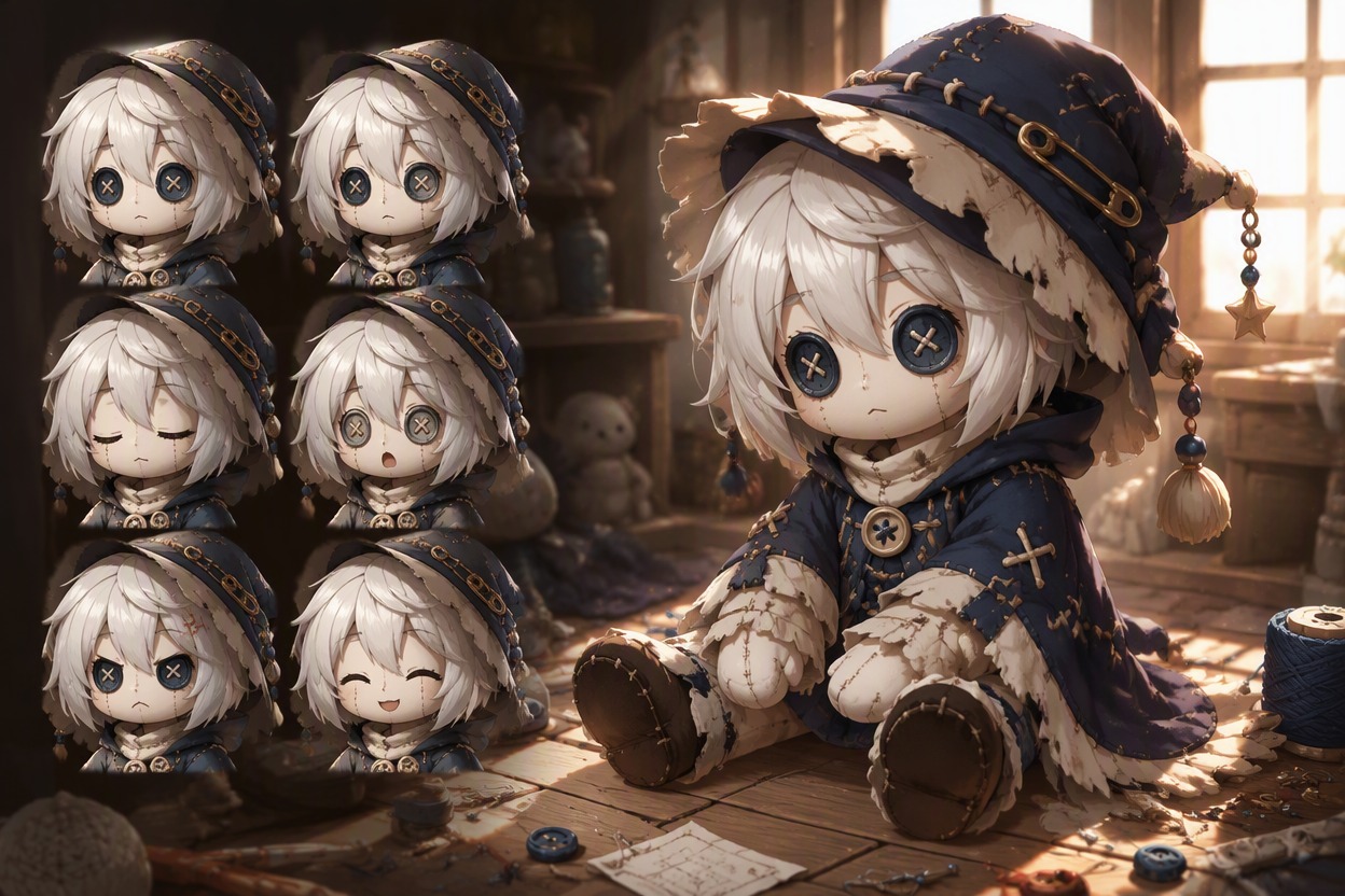 One original character illustration demonstrating design expressive face mechanics for puppet OC maker, theme-specific character design, polished anime fantasy RPG concept art, single subject, clean composition, no readable text, no logo, no watermark