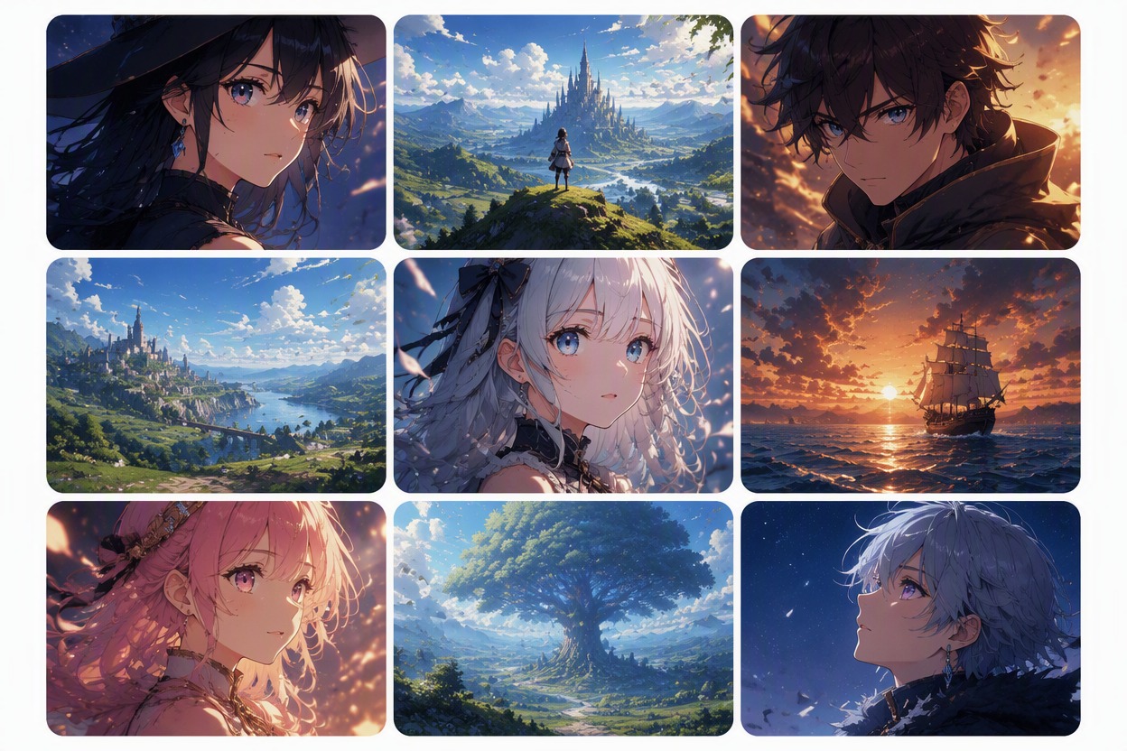 Balanced 3x3 anime moodboard with varied portraits and scenes