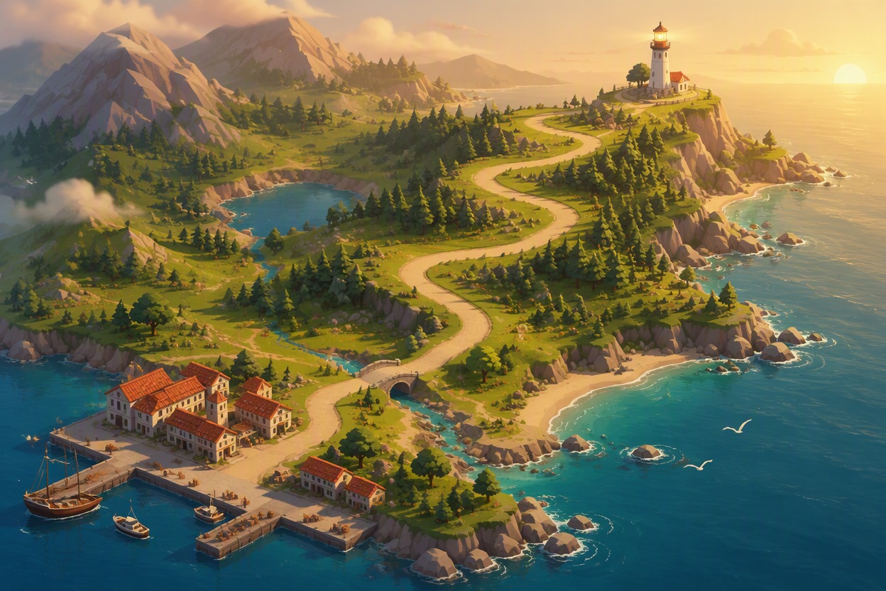 A charming illustrated coastal travel map viewed from above, one continuous route curving from a harbor through hills to a lighthouse, tiny vehicle marker without text, clean visua