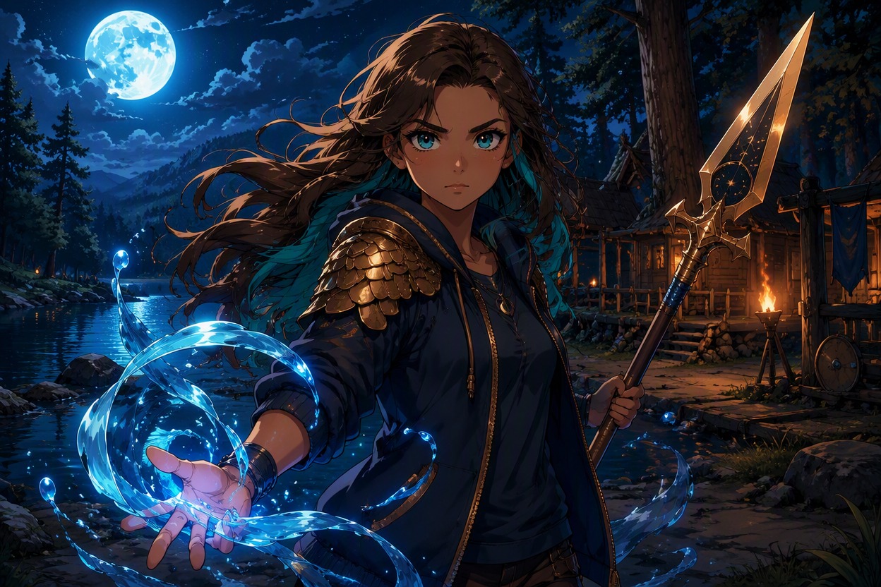 Original mythology-inspired demigod standing beside a moonlit lake