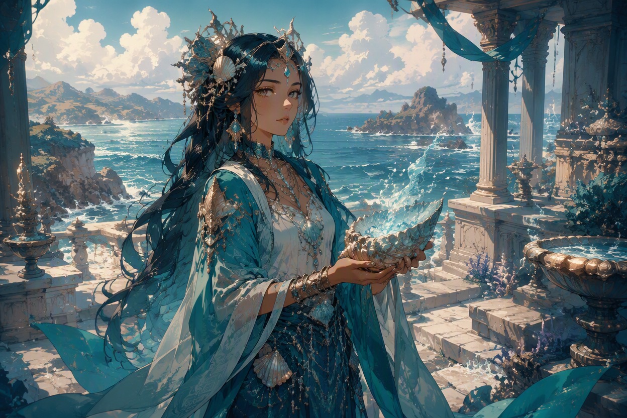One original sea oracle OC with teal layered robes, shell and wave motifs, bronze accessories, temple coast background, calm prophetic expression, polished cel-shaded fantasy character art