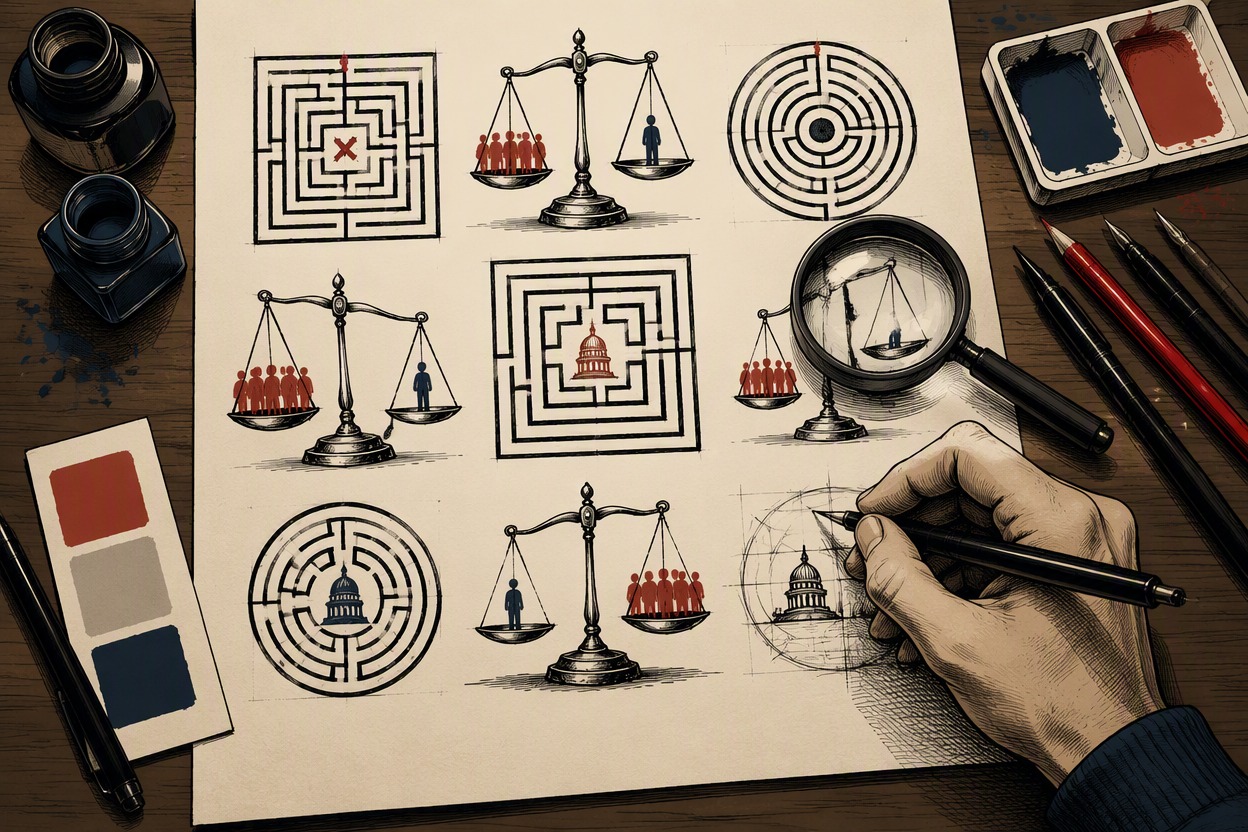 Original editorial cartoon artist desk viewed from above, paper showing only an abstract maze, balance scale, ballot box and broken chain symbols, magnifying gl