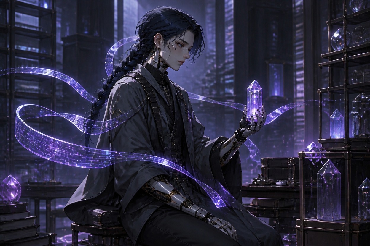 Original memory archivist android OC with luminous data accessories