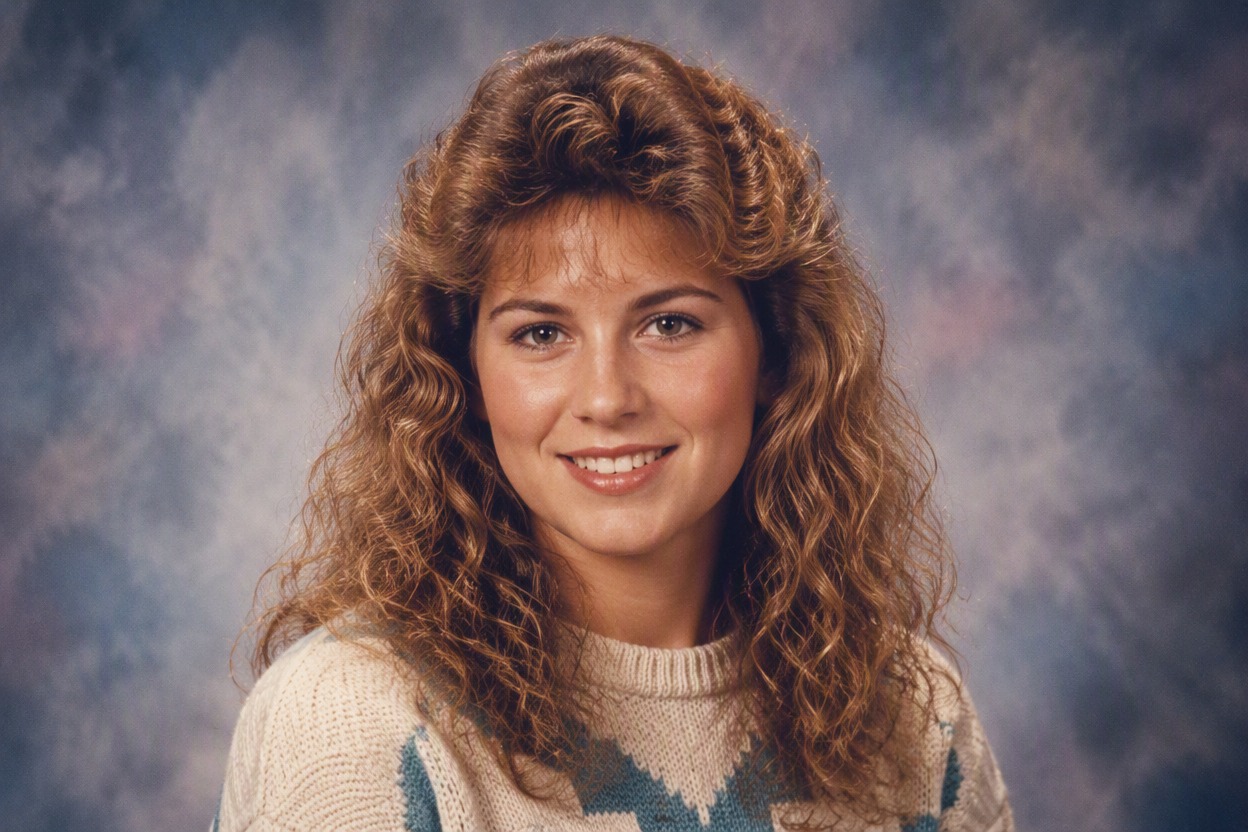 One fictional adult woman with medium brown skin, natural curly hair and a denim jacket posed for a clean early-1990s school yearbook portrait against a soft blue-gray mottled stud
