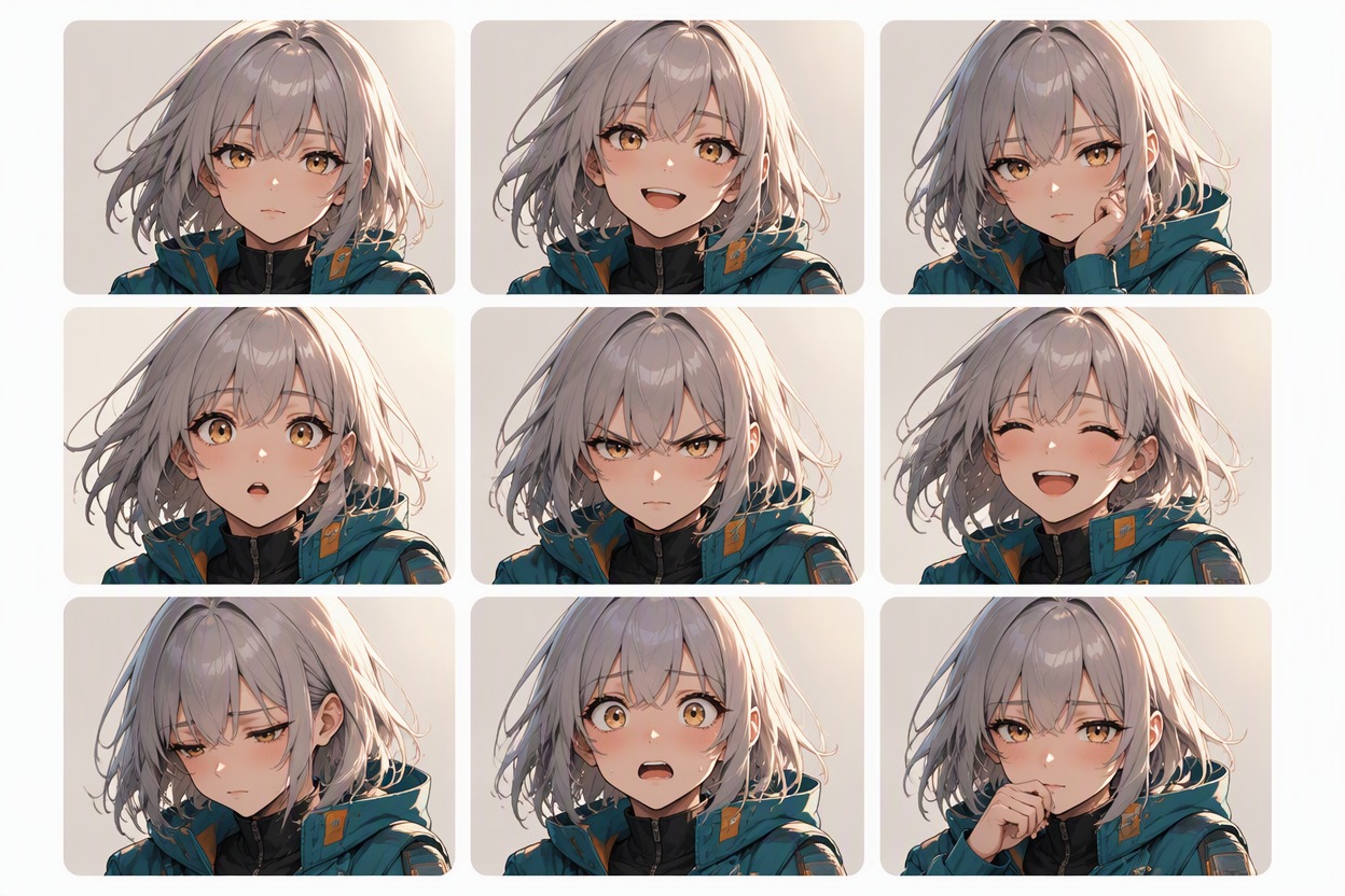 A polished 3x3 anime image grid showing nine coordinated original scenes
