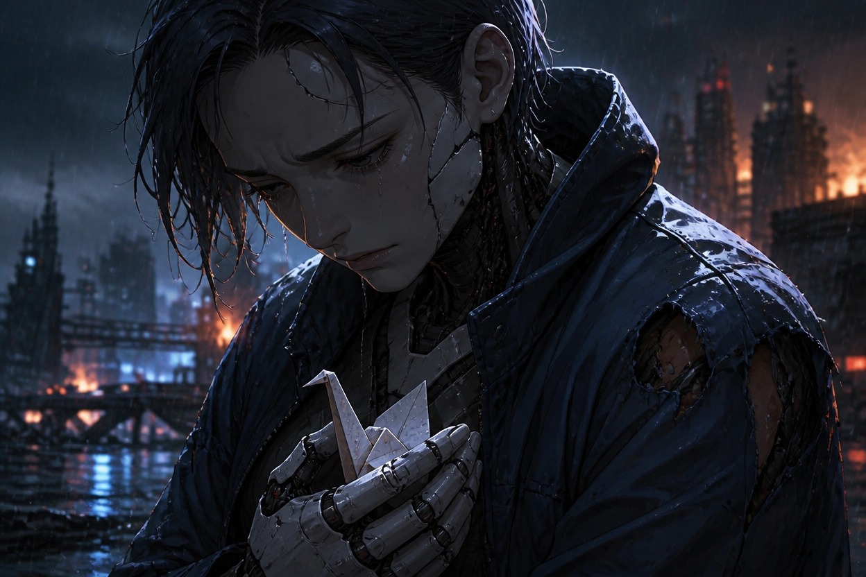 Original android OC showing subtle synthetic facial seams and engineered materials