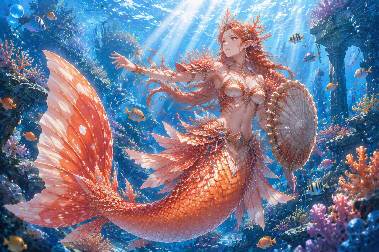 Original reef mermaid guardian with fan-shaped fins and coral-inspired armor