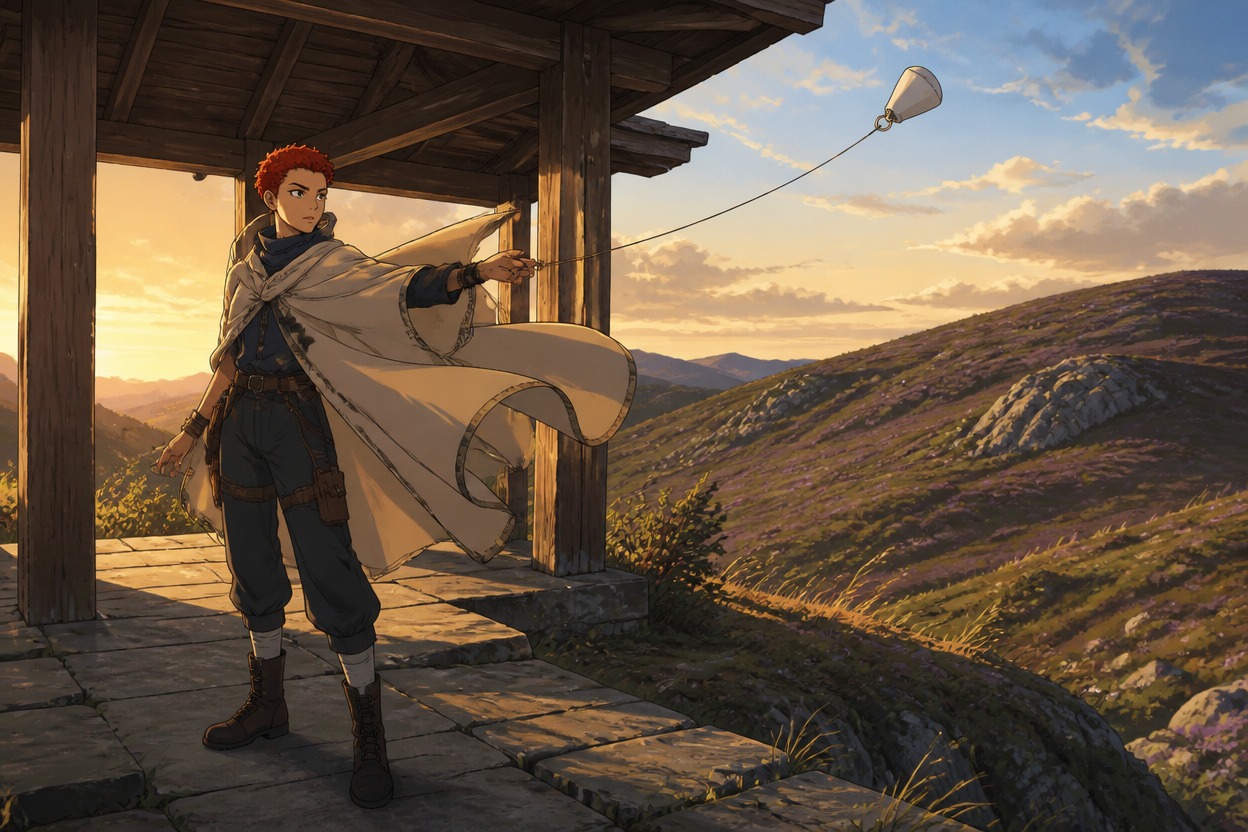 Japanese anime red-haired wind surveyor handles a tether as a pale cape billows beside a hillside pavilion