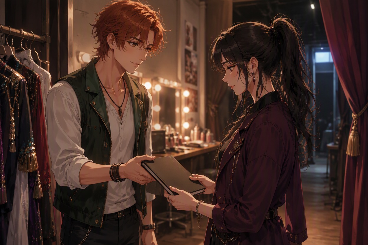 Two original adult school-idol OCs exchanging a notebook backstage before a performance