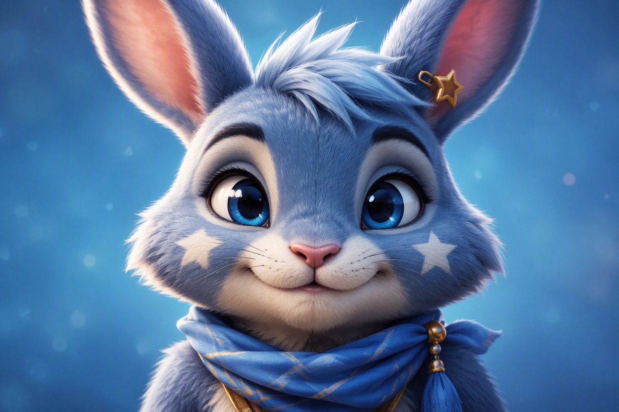 Close portrait of one original blue-gray rabbit avatar, expressive eyes, unique star-shaped cheek marking, small scarf and ear accessory, polished friendly digi