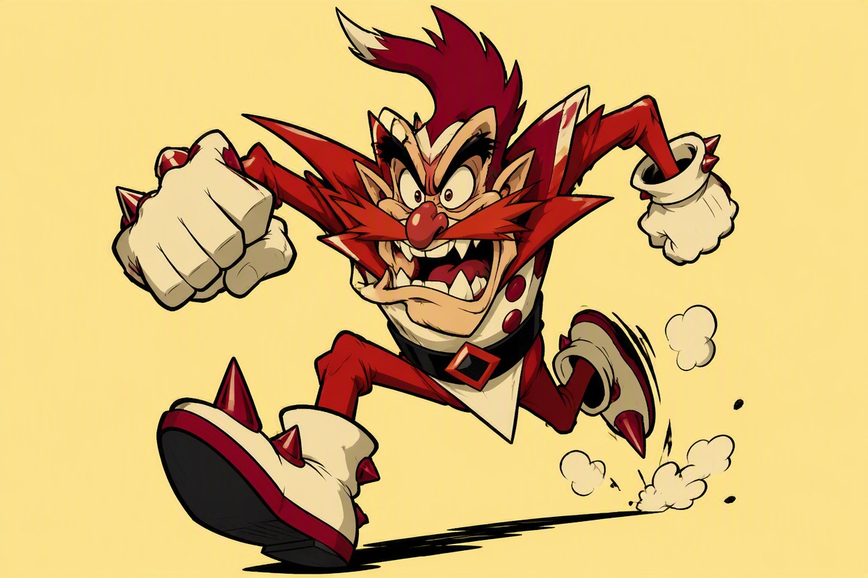 One original high-energy cartoon kitchen rival, angular silhouette, red and cream outfit, oversized gloves, furious comic expression, dynamic running pose, hand-drawn 1990s platform-game energy, clean pale background, no text, no logo, no existing character