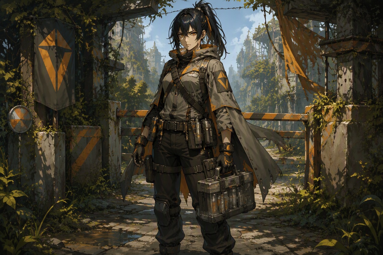Anime apocalypse rooftop scout carrying a radio and crossbow