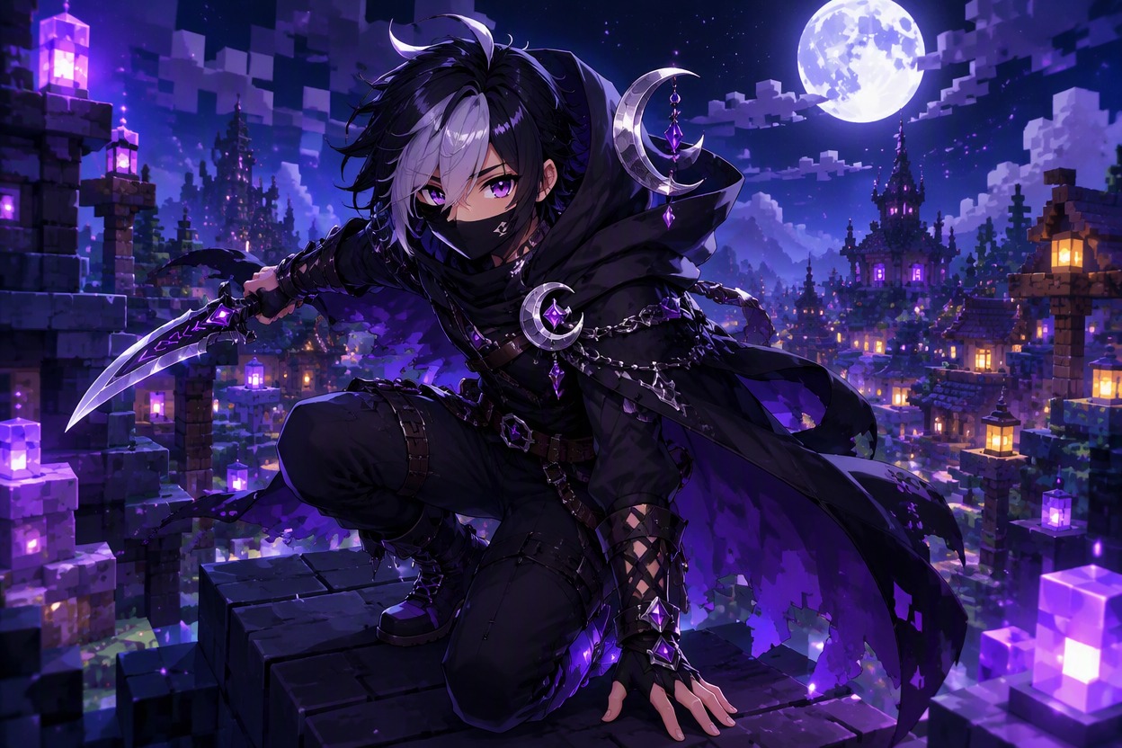 Original shadow rogue OC above a moonlit fantasy city