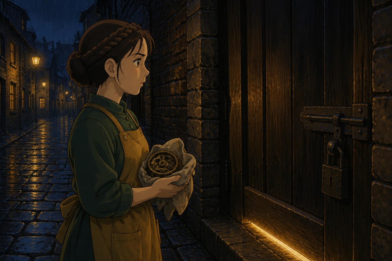 Japanese anime clock repairer holds a cloth-wrapped mechanism beside a closed door in a wet brick alley