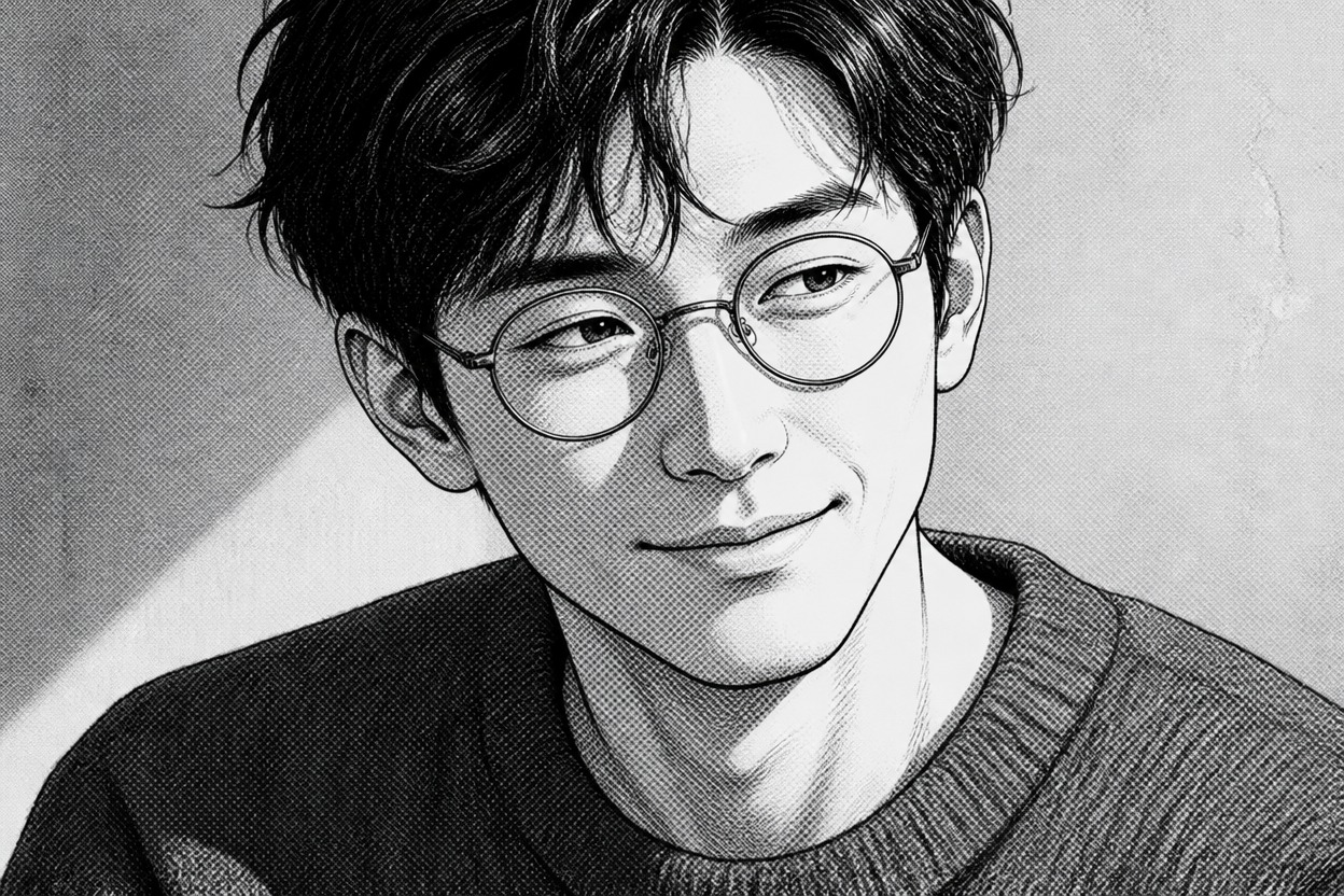 戴著圓框眼鏡、身穿紋理毛衣的男子半身漫畫肖像
