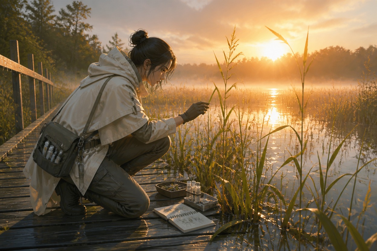 Adult botanist in weatherproof coat, tall boots, and a plain field pouch beside wet reeds