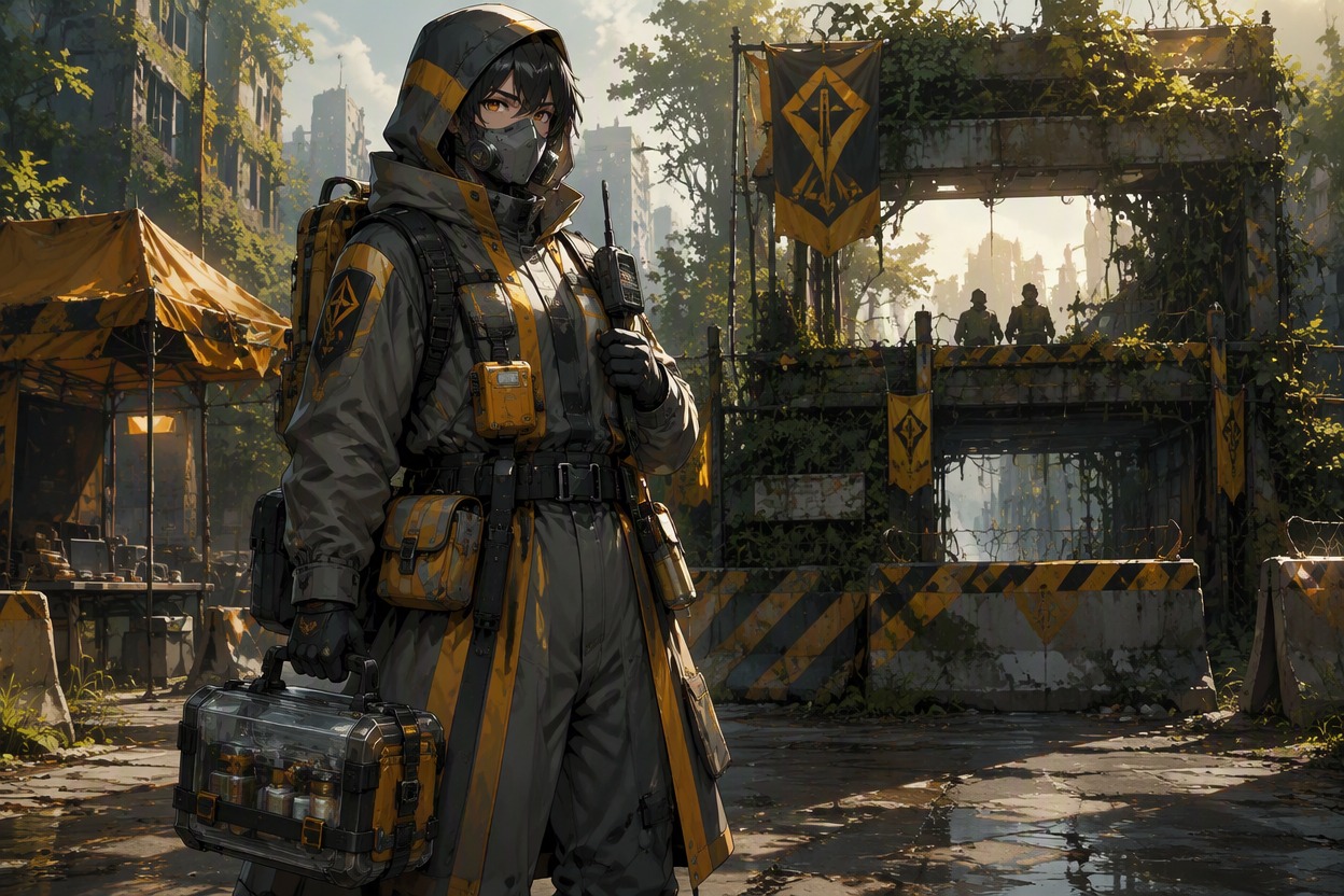 Original anime apocalypse survivor with scavenged gear in a ruined city