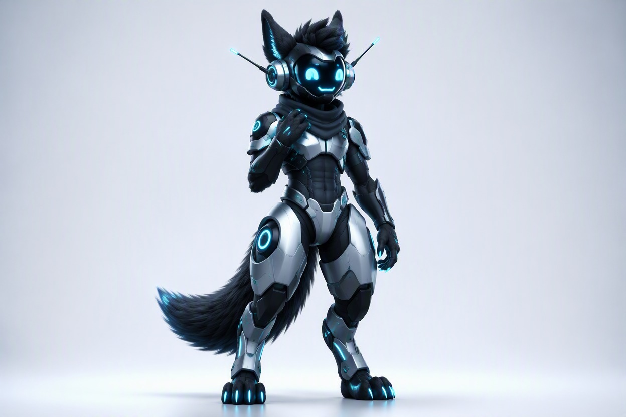 One original cyber furry scout character, sleek black fur with cyan markings, luminous digital visor face with simple friendly eyes, lightweight shoulder armor, antenna details, full-body pose, polished anime sci-fi illustration, clean pale background, no text, no logo