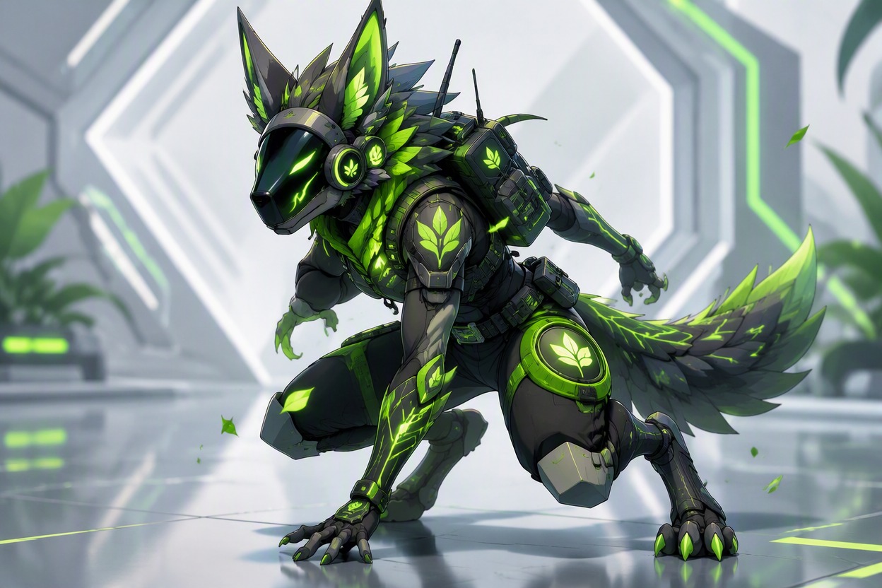 One original green and charcoal cyber furry ranger, leaf-like circuit markings, glowing visor face, compact backpack, agile stance, polished cel-shaded sci-fi fantasy character art, light geometric background, no readable text
