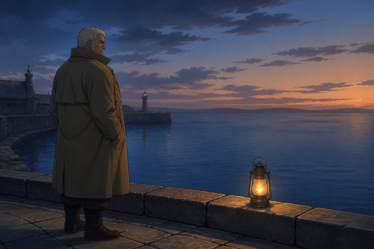 Anime silver-haired harbor keeper beside a lantern at dusk