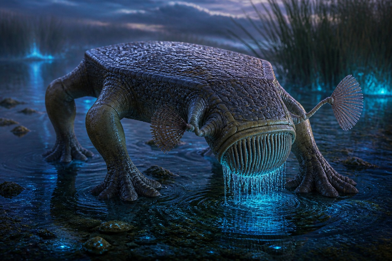 Broad marsh sieve-feeder combing luminous seed shrimp from reeds with a ventral basket mouth