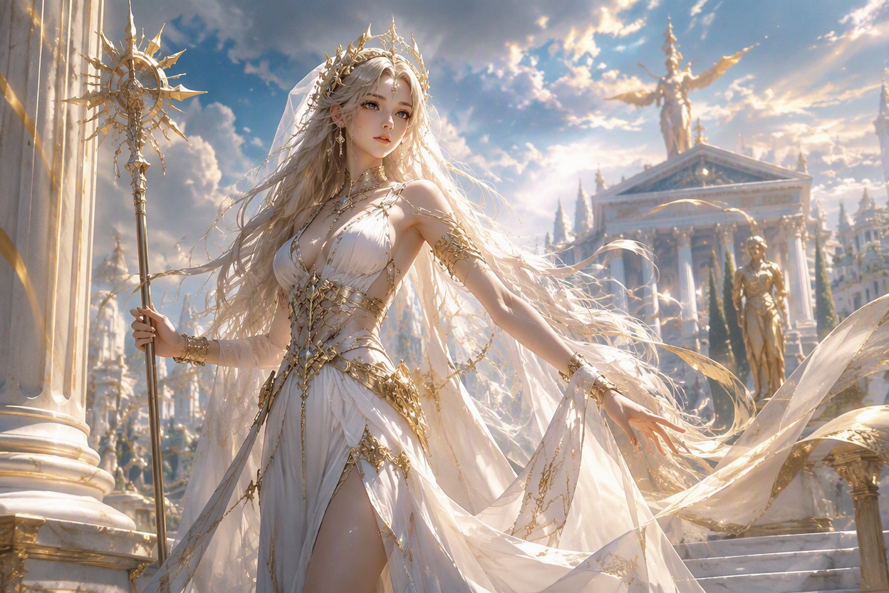 One original character illustration demonstrating create a distinct divine domain for Greek OC maker, theme-specific character design, polished anime fantasy RPG concept art, single subject, clean composition, no readable text, no logo, no watermark
