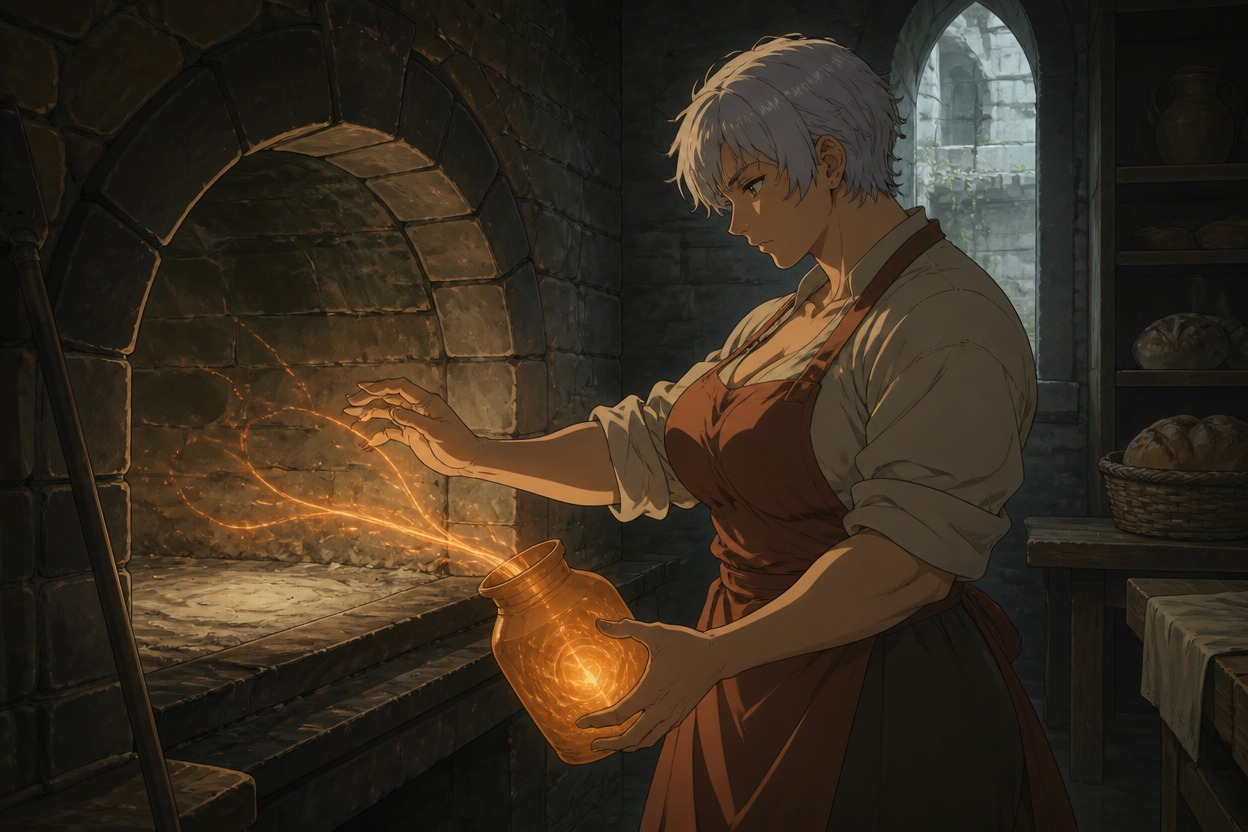 Anime silver-haired baker drawing amber heat into a vessel in a stone bakery