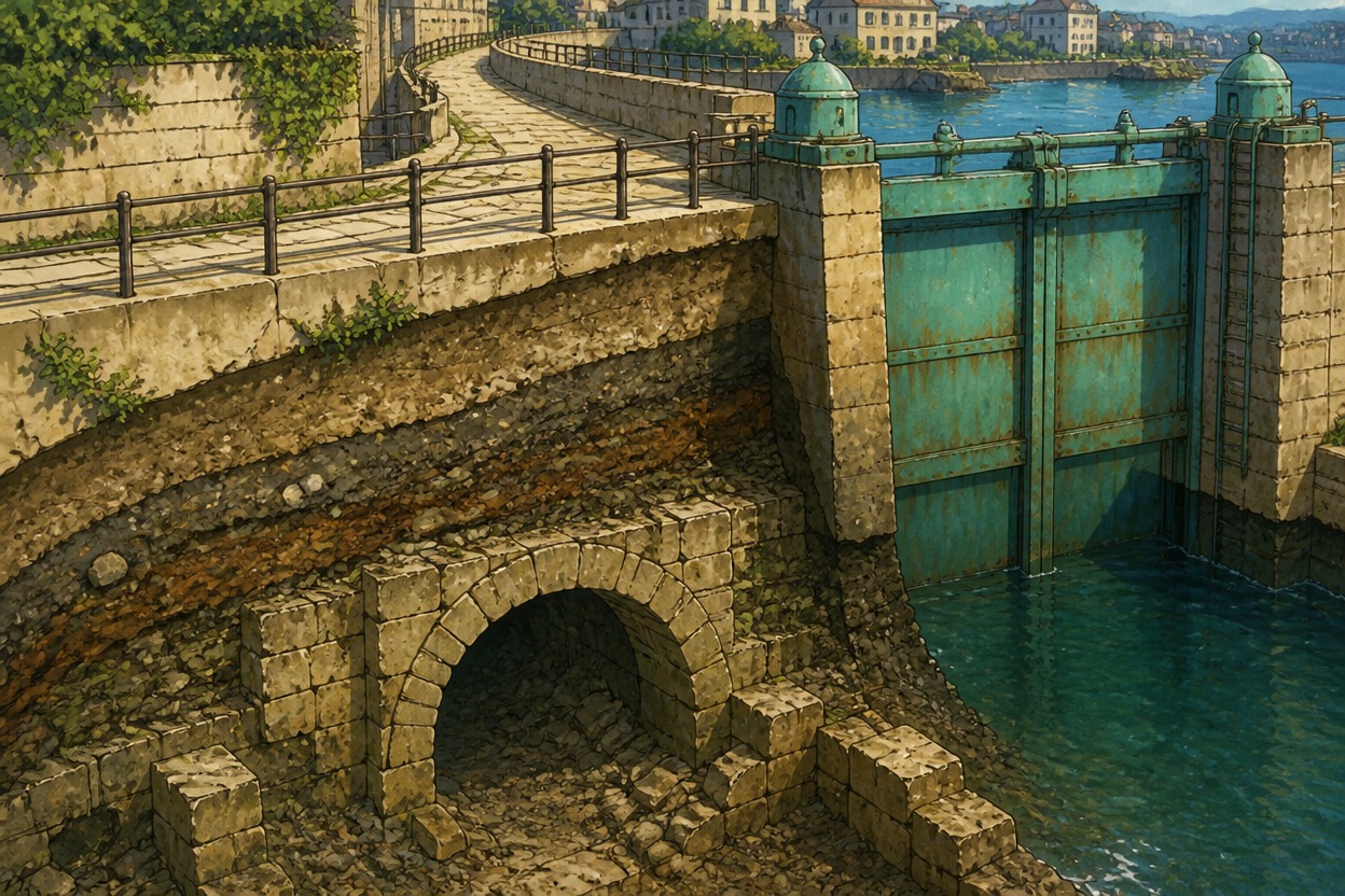 Anime harbor embankment with a ruined lower arch beneath a raised curving walkway
