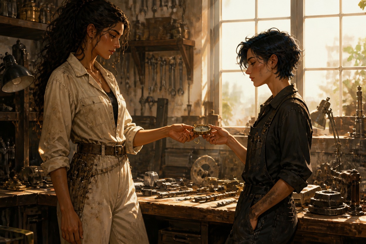 Two original adult mechanics exchanging one repaired compass across a workshop table
