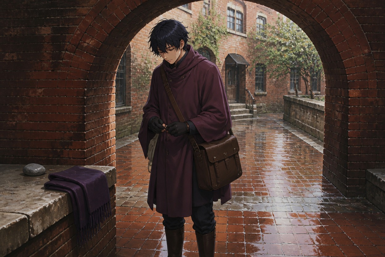 Anime courier in a plum cape beneath a rain-wet brick arch