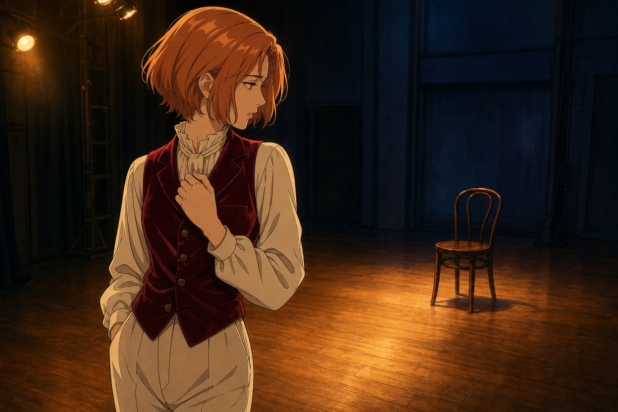Anime copper-haired performer beside an empty rehearsal chair