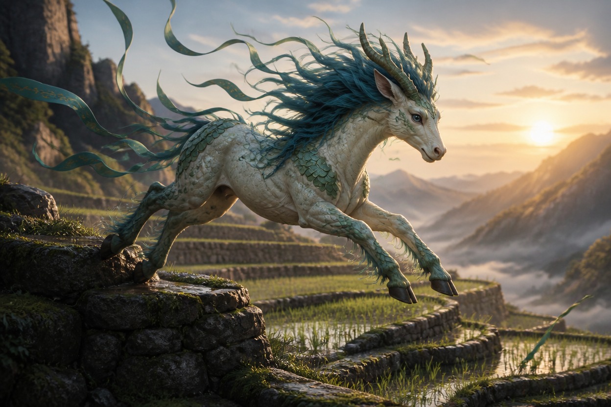 Exactly one original young fantasy kirin-equine with compact deerlike body, cream coat, matte jade scale bands around the ribcage, one low crescent horn with three blunt tines, lon