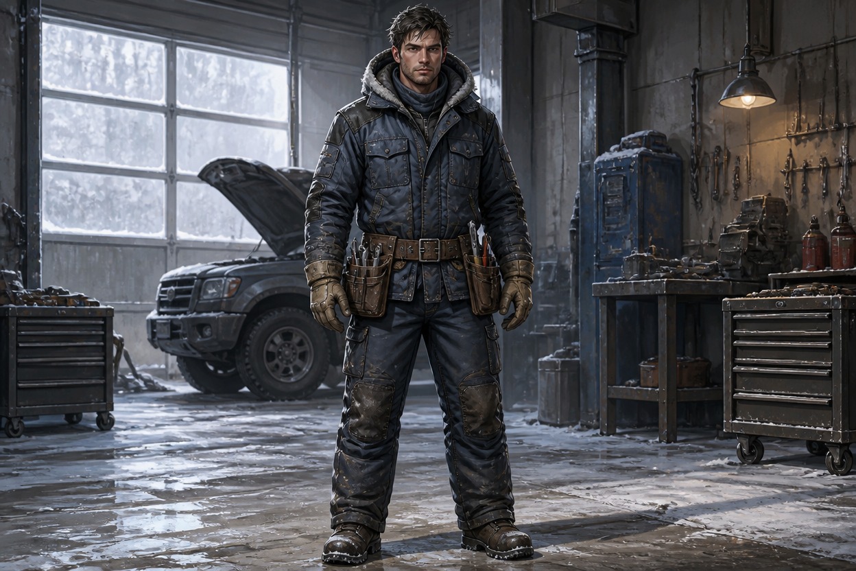 Adult mechanic in quilted layers, gloves, and a plain tool belt inside a snowy garage