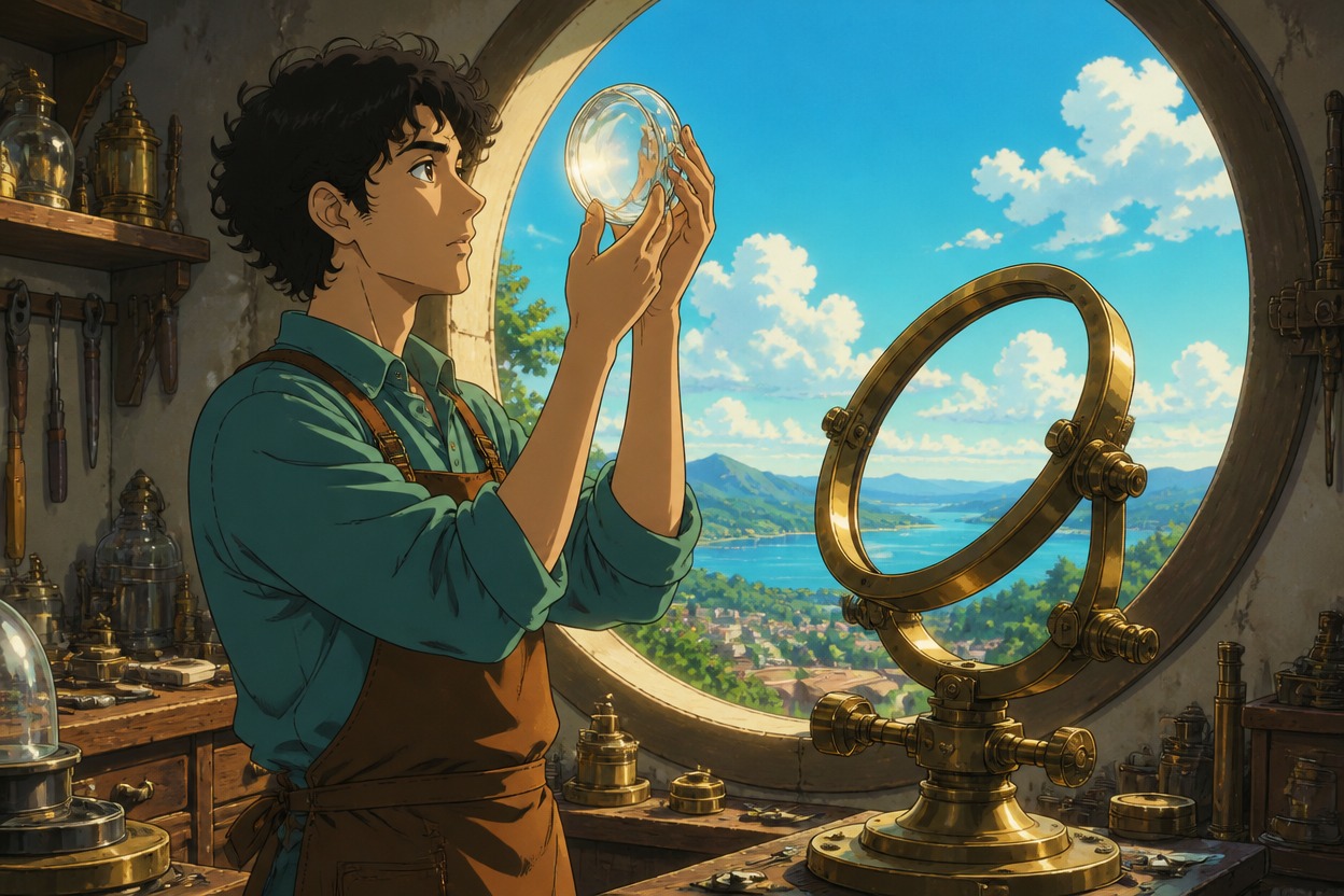 Japanese anime glass artisan raises a clear lens beside an empty brass telescope mount
