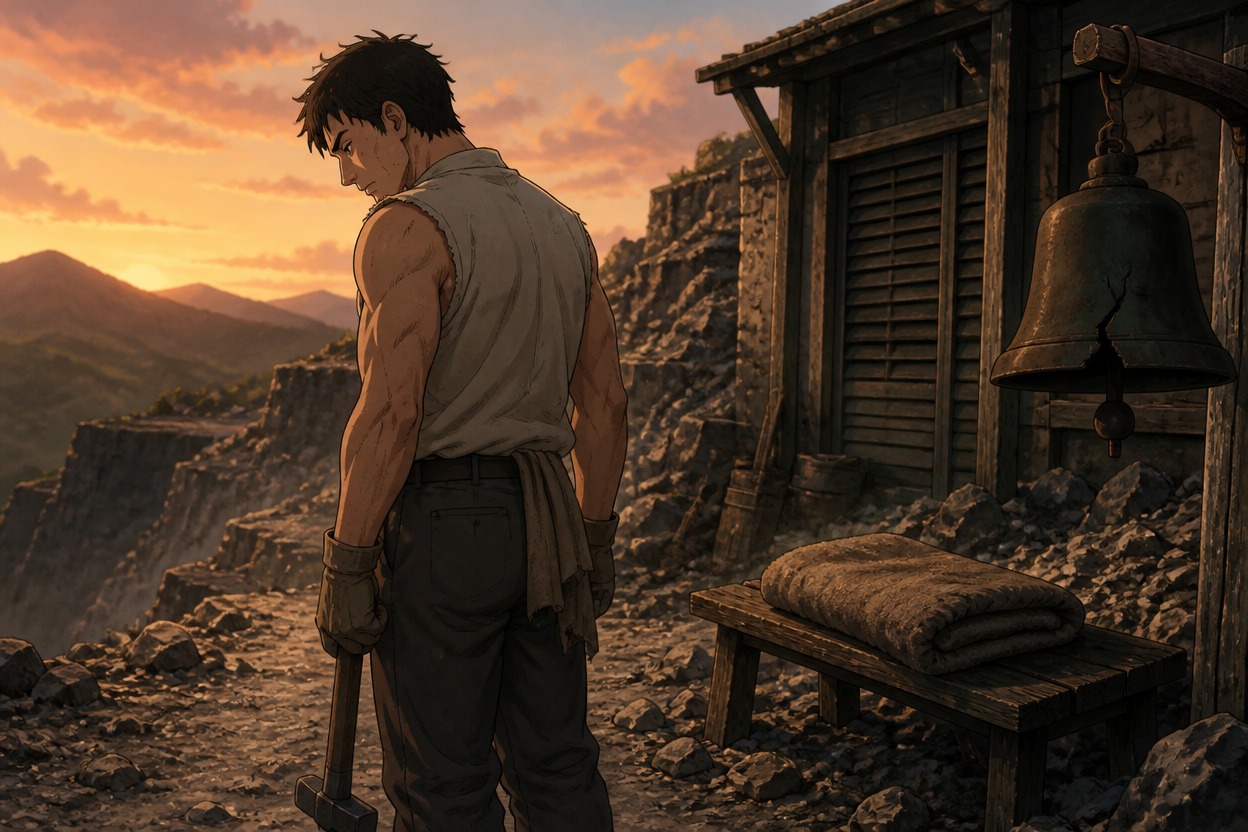 Japanese anime quarry worker beside a cracked warning bell and folded blanket