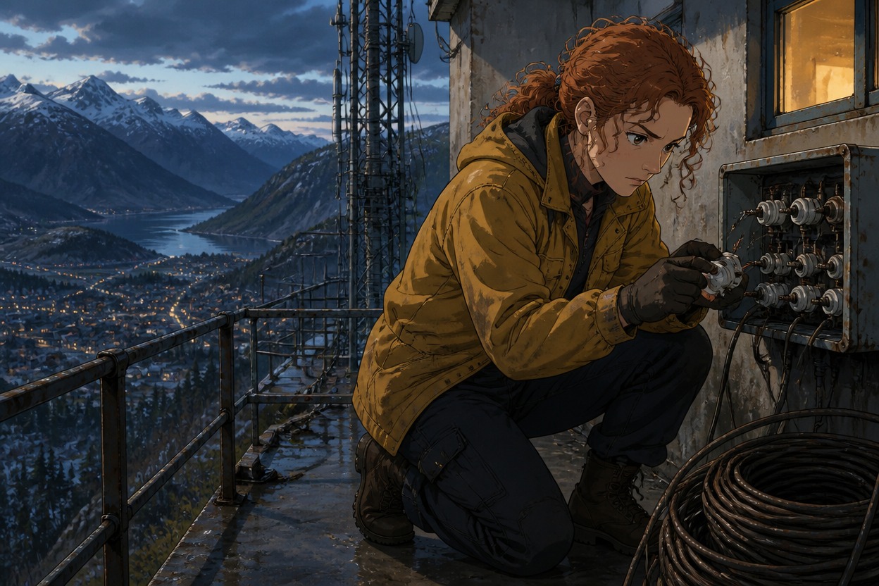 A copper-haired cable inspector examines a ceramic connector beside a mountain signal station