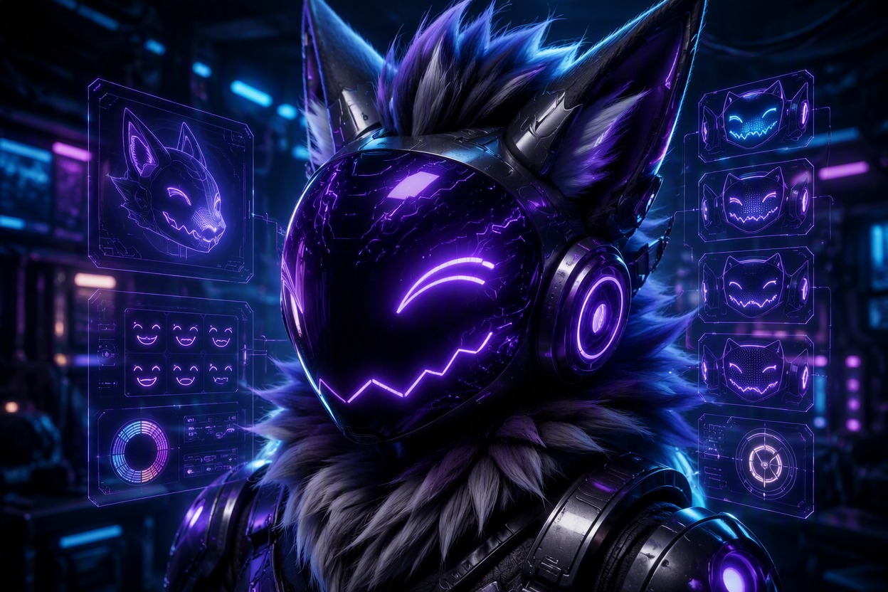 Build a Readable Visor Identity: Protogen OC maker capability illustration, page-specific visual example, polished anime or cartoon character concept art as appropriate, clean composition, no panels, no readable text, no logo, no watermark