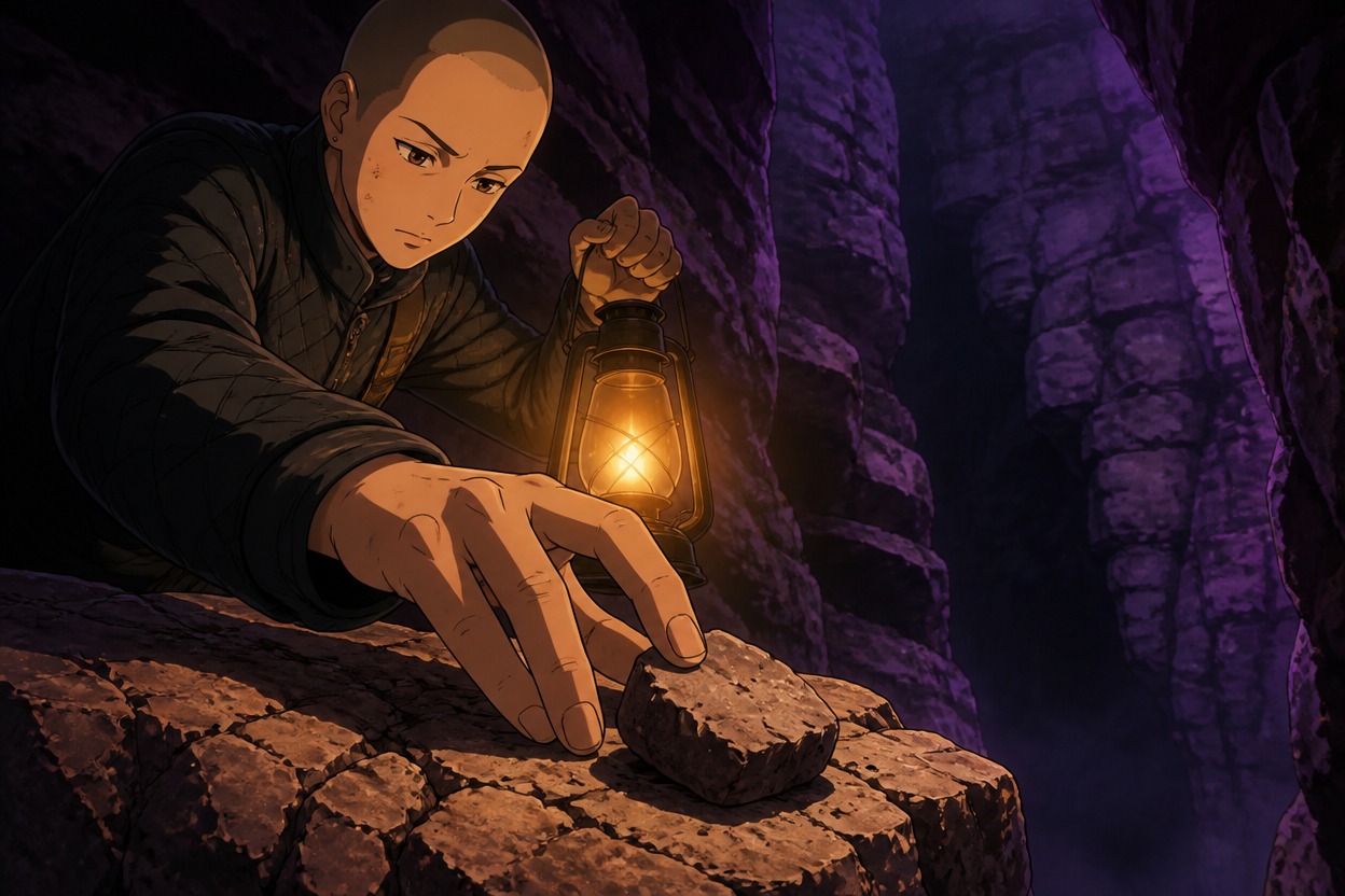Japanese anime shaved-headed cave explorer reaches for a loose stone while holding a lantern in a violet passage