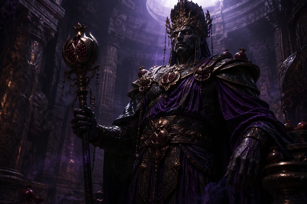 One original underworld guardian god OC with dark purple drapery, obsidian and bronze armor accents, pomegranate-inspired ornament, solemn pose, ancient stone hall, dramatic rim light