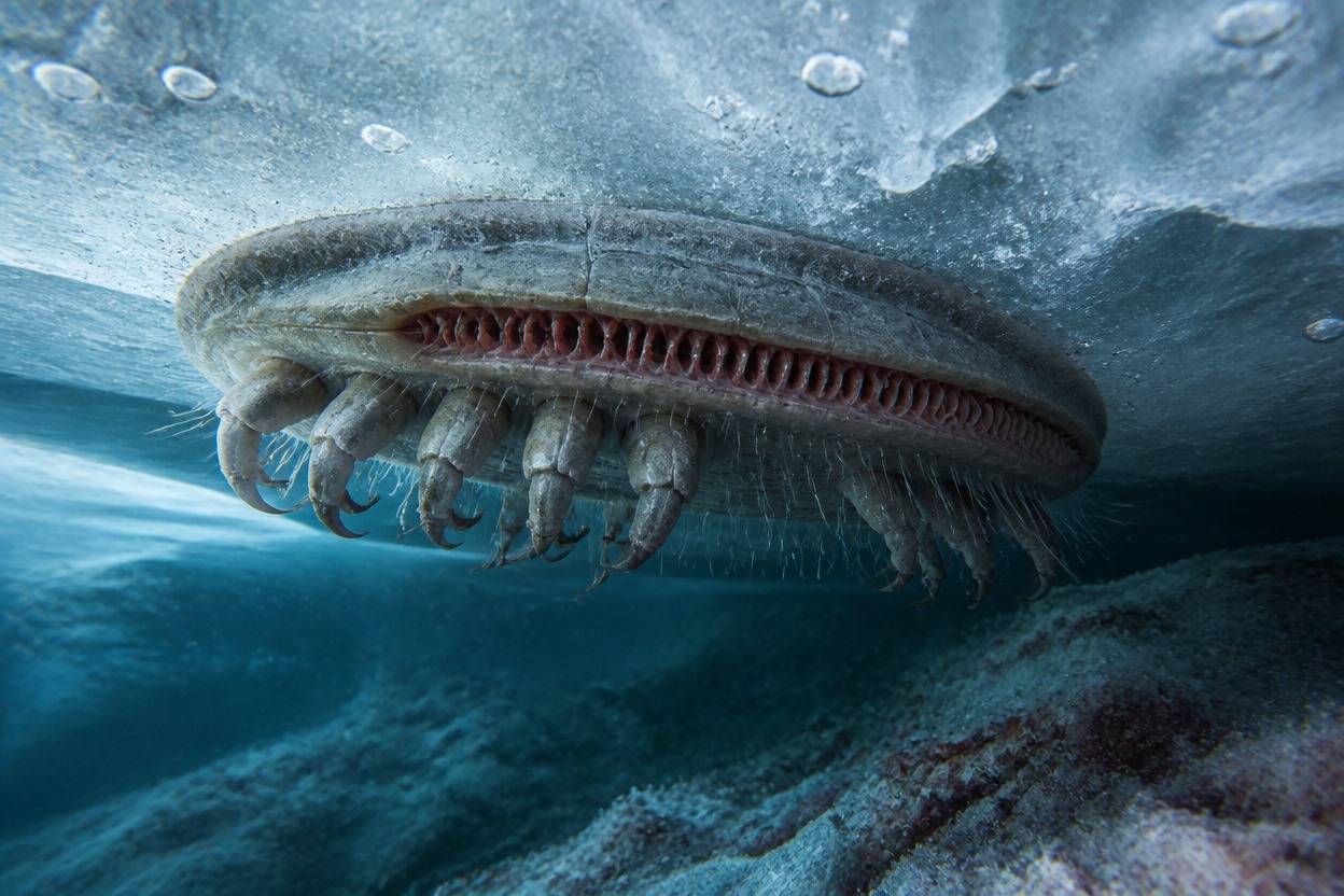Armored ice crawler filtering red microbes beneath a translucent frozen shelf