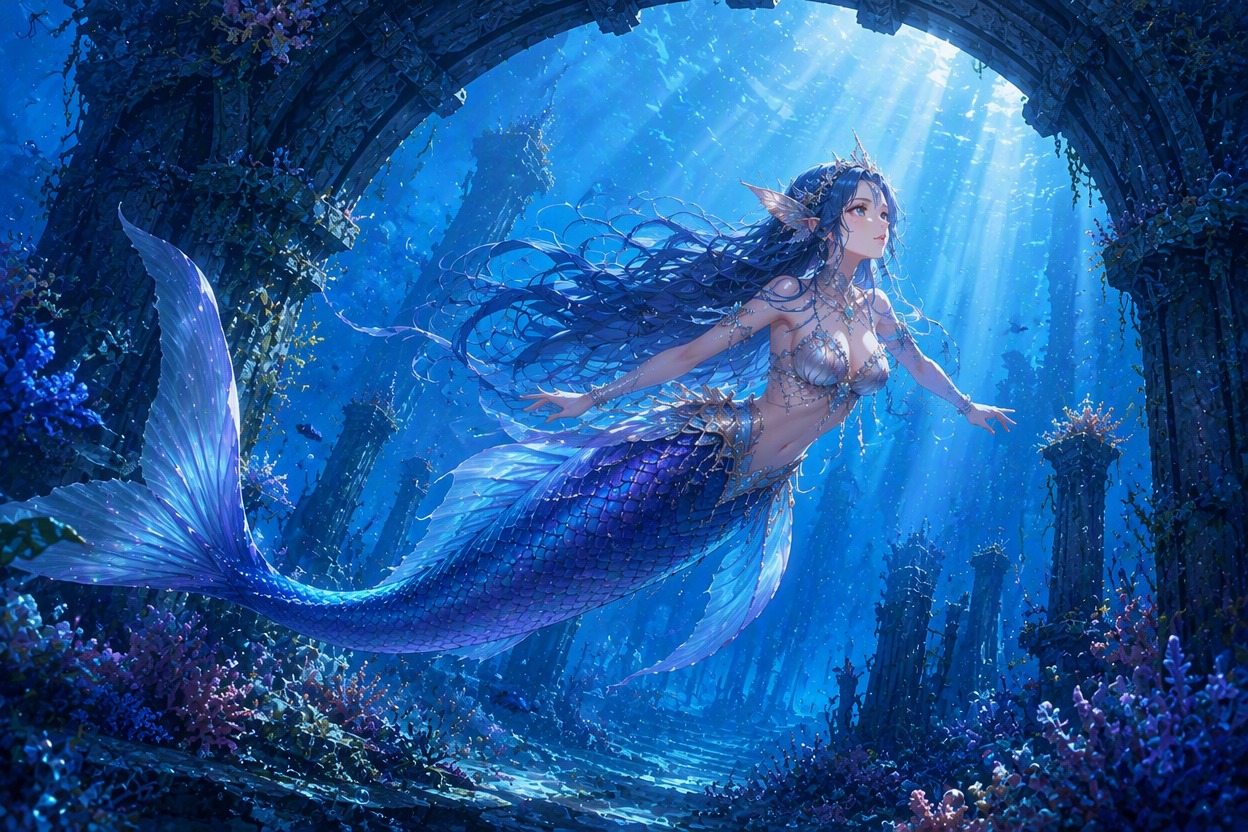 Mermaid OC swimming past a submerged stone arch with strong underwater light beams