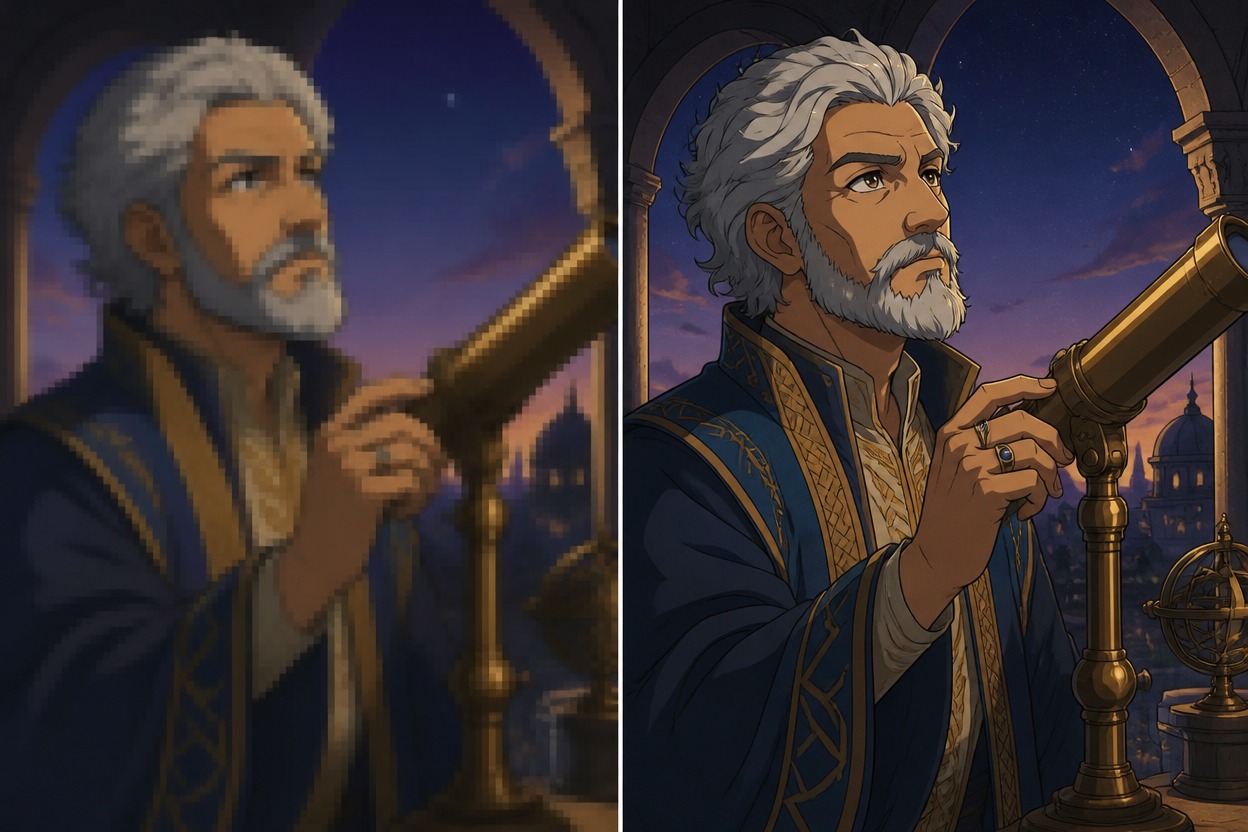 Comparación ilustrativa de anime de un astrónomo de cabello plateado junto a un telescopio de latón al anochecer, con detalles suaves a la izquierda y ojos y ribetes del abrigo nítidos a la derecha